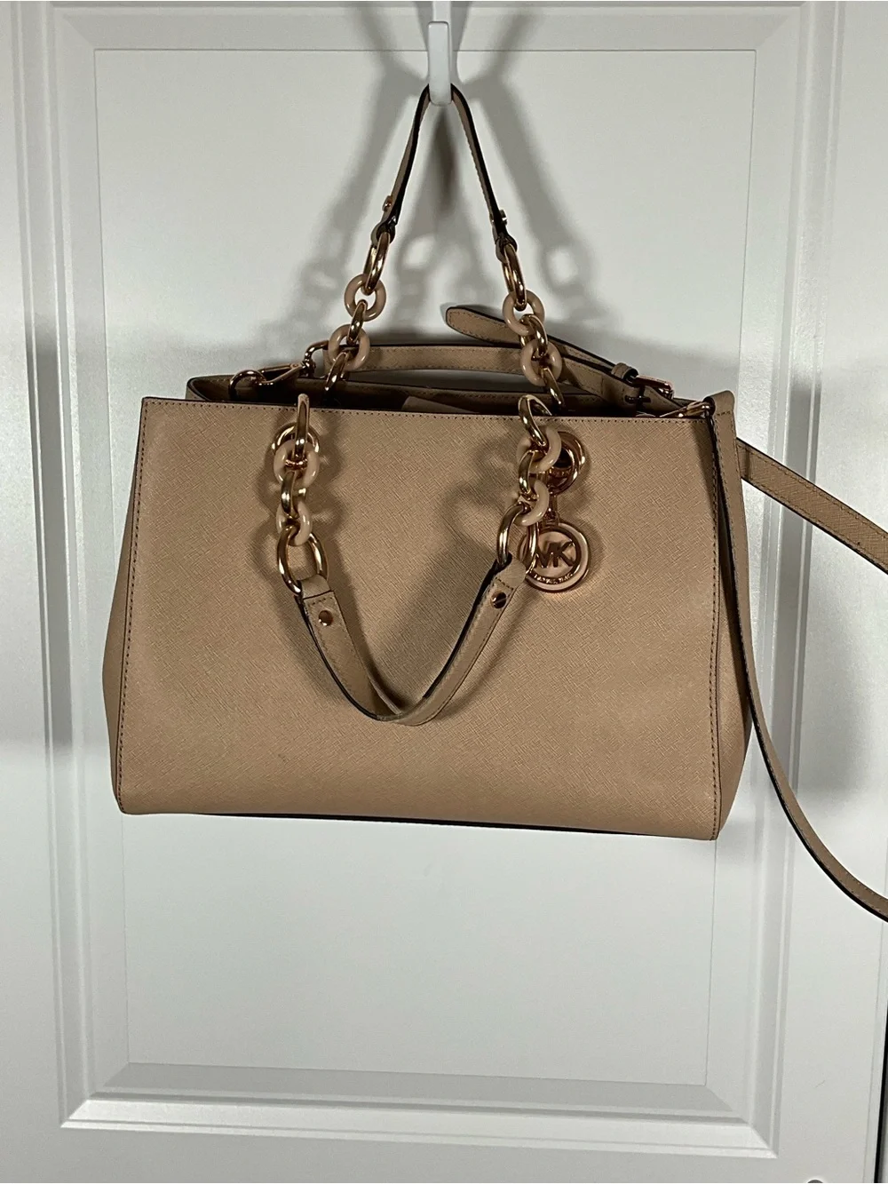 Michael Kors Cynthia Satchel Taupe Saffiano Leather Rose Gold Crossbody